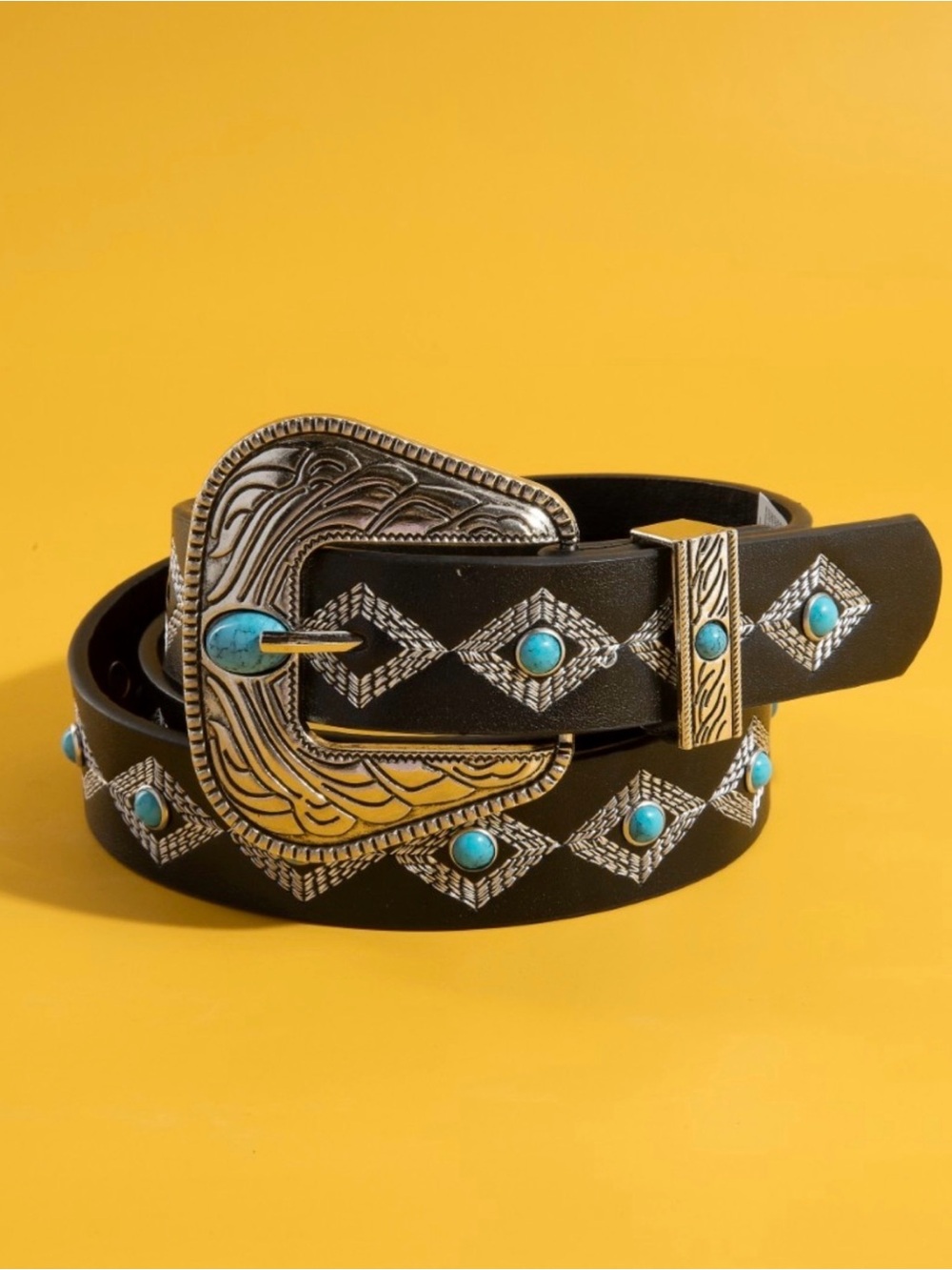 Black Western-Style Leather Belt with Turquoise Accents